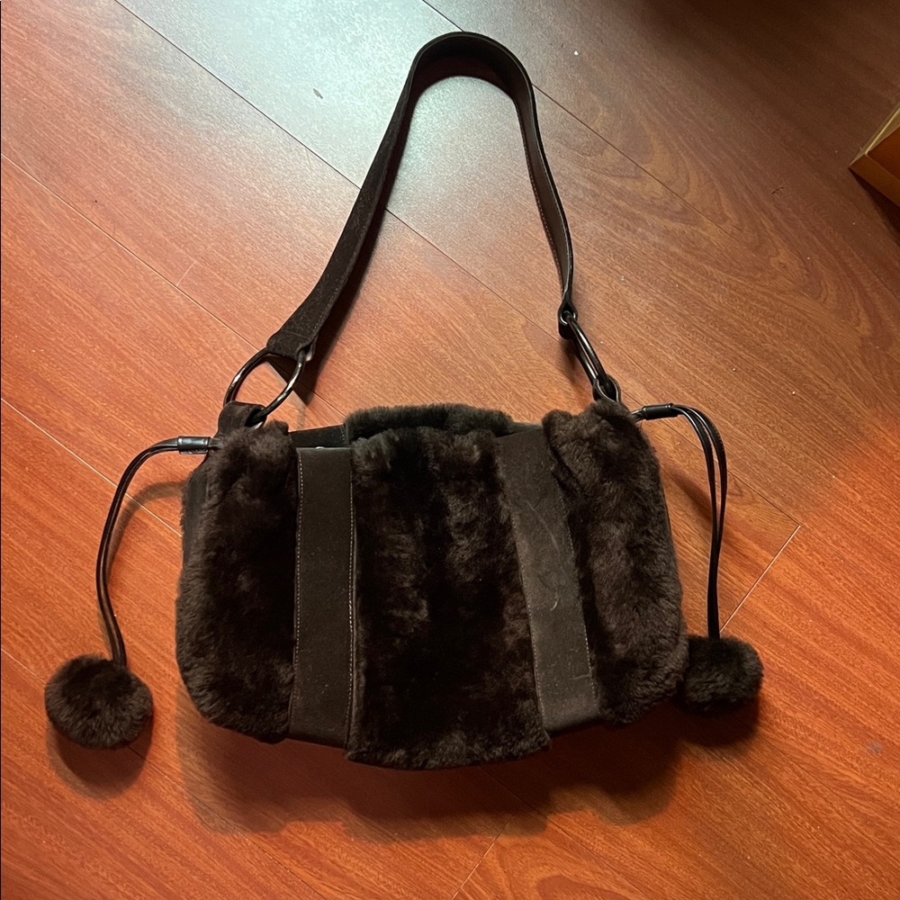 Stuart Weitzman chocolate velvet brown shoulder‎ purse with brass accents